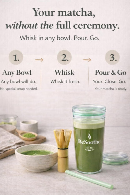Matcha Whisk & Travel Cup Set – Bamboo Matcha Whisk, Tritan To-Go Cup & Reusable Straw – Matcha Gift Kit - Reusable Travel Cup with Lid and Straw for To Go Iced Matcha and Iced Coffee