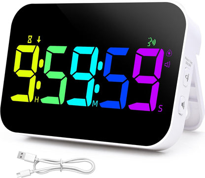 Kitchen Timer for Cooking, Rechargeable Digital Magnetic Timer with Large LED Display, Loud Alarm, Sound Countdown, 4 Volume Levels and 3 Brightness for Classroom, Study (RGB)