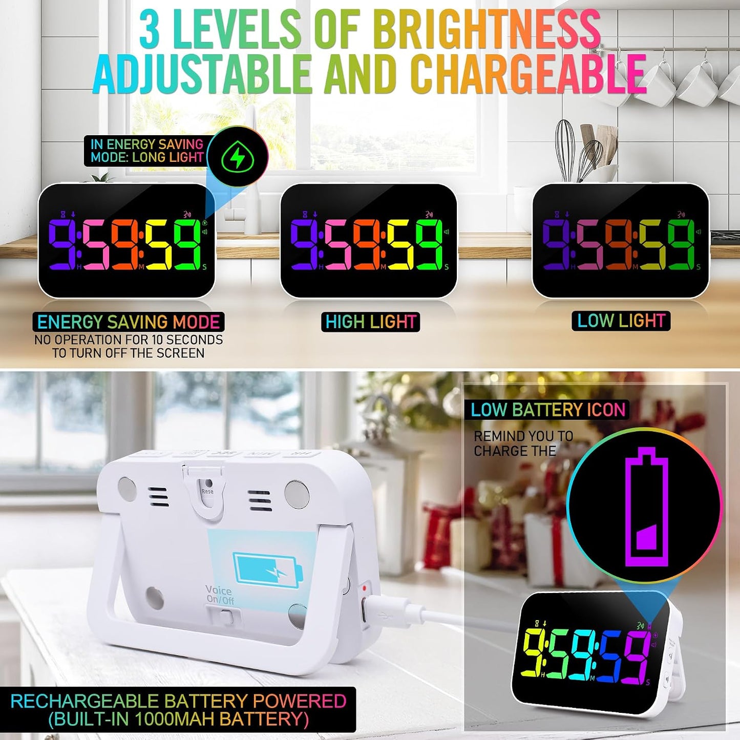 Kitchen Timer for Cooking, Rechargeable Digital Magnetic Timer with Large LED Display, Loud Alarm, Sound Countdown, 4 Volume Levels and 3 Brightness for Classroom, Study (RGB)