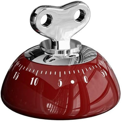 Retro Mechanical Kitchen Timer Red, 60-Minute Wind-Up with Magnetic Back