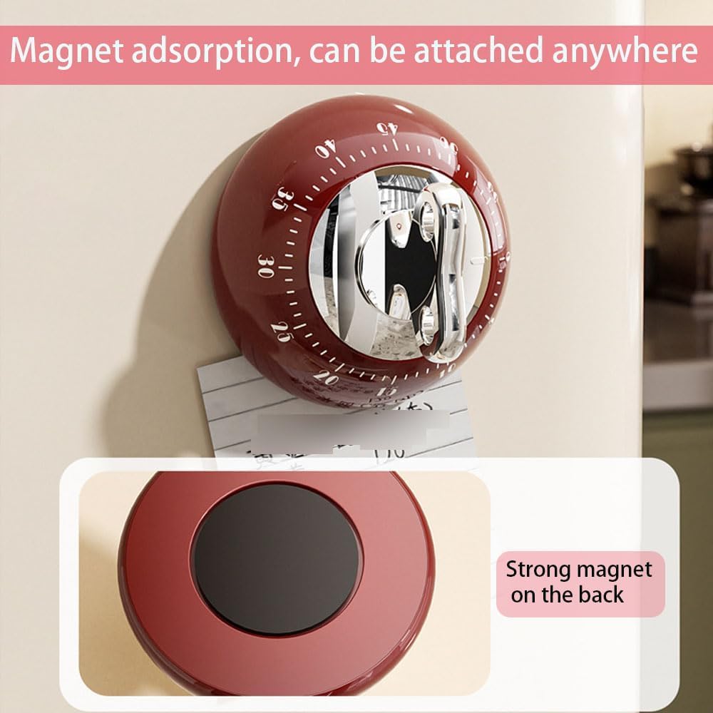 Retro Mechanical Kitchen Timer Red, 60-Minute Wind-Up with Magnetic Back