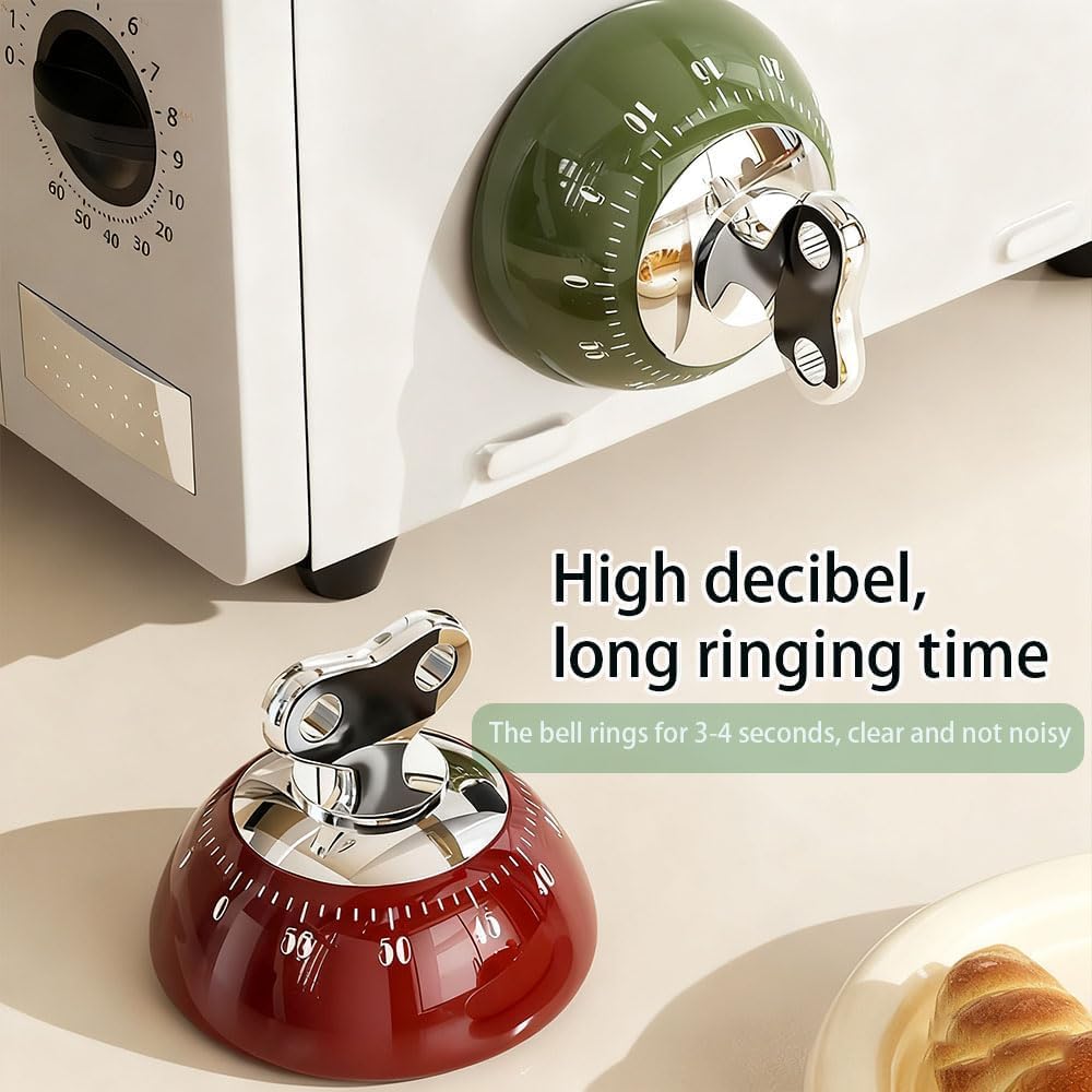 Retro Mechanical Kitchen Timer Red, 60-Minute Wind-Up with Magnetic Back
