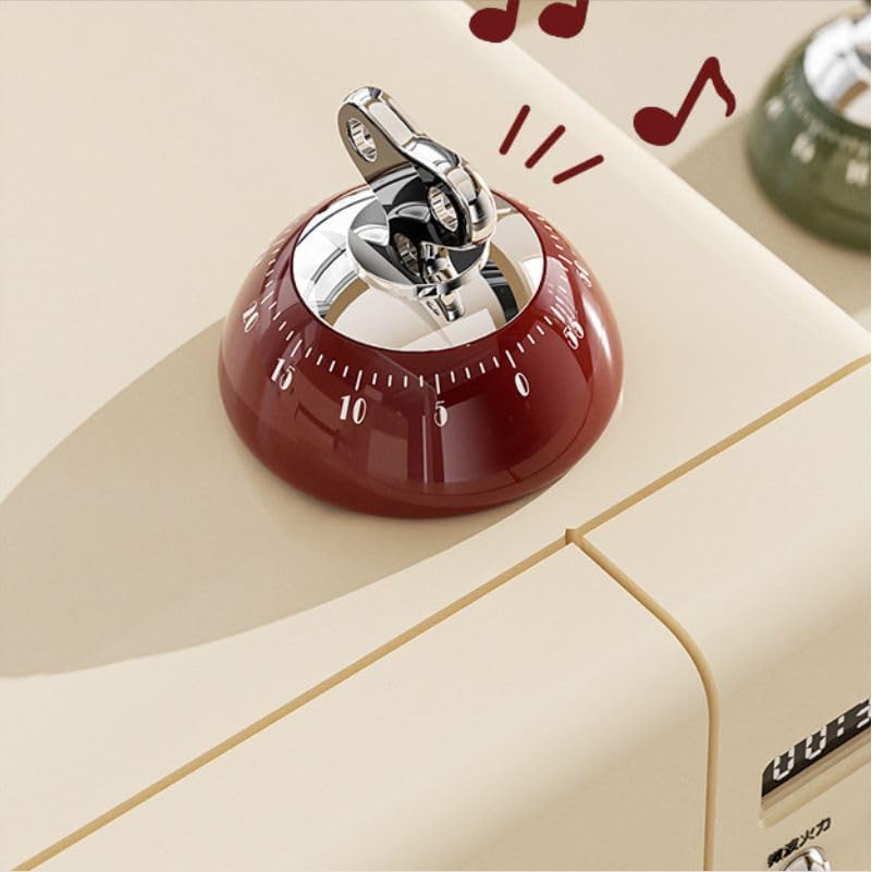 Retro Mechanical Kitchen Timer Red, 60-Minute Wind-Up with Magnetic Back