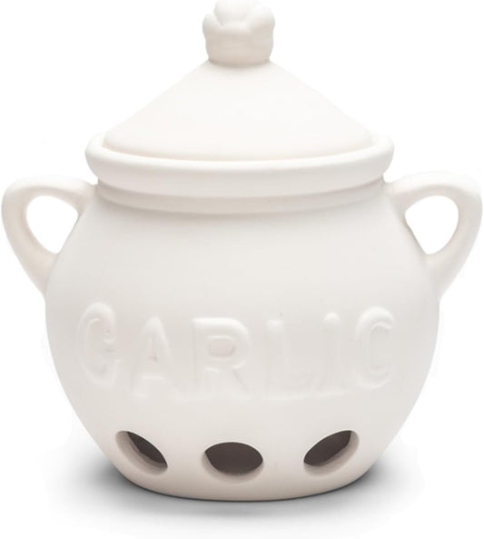 Fox Run Garlic Keeper and Storage, White Ceramic, 5.25" x 4.25" x 5.5" | For Small & Medium Sized Bulbs | Keep Garlic Fresh & Ready to Use | Holes for Airflow | Garlic Holder For Countertop