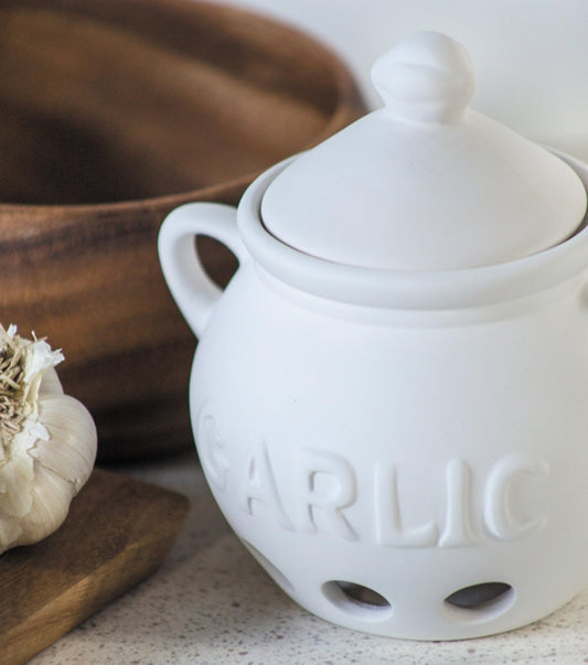 Fox Run Garlic Keeper and Storage, White Ceramic, 5.25" x 4.25" x 5.5" | For Small & Medium Sized Bulbs | Keep Garlic Fresh & Ready to Use | Holes for Airflow | Garlic Holder For Countertop