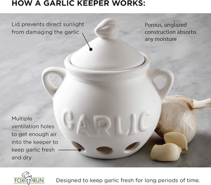 Fox Run Garlic Keeper and Storage, White Ceramic, 5.25" x 4.25" x 5.5" | For Small & Medium Sized Bulbs | Keep Garlic Fresh & Ready to Use | Holes for Airflow | Garlic Holder For Countertop