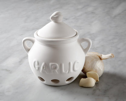Fox Run Garlic Keeper and Storage, White Ceramic, 5.25" x 4.25" x 5.5" | For Small & Medium Sized Bulbs | Keep Garlic Fresh & Ready to Use | Holes for Airflow | Garlic Holder For Countertop