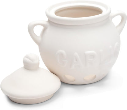 Fox Run Garlic Keeper and Storage, White Ceramic, 5.25" x 4.25" x 5.5" | For Small & Medium Sized Bulbs | Keep Garlic Fresh & Ready to Use | Holes for Airflow | Garlic Holder For Countertop