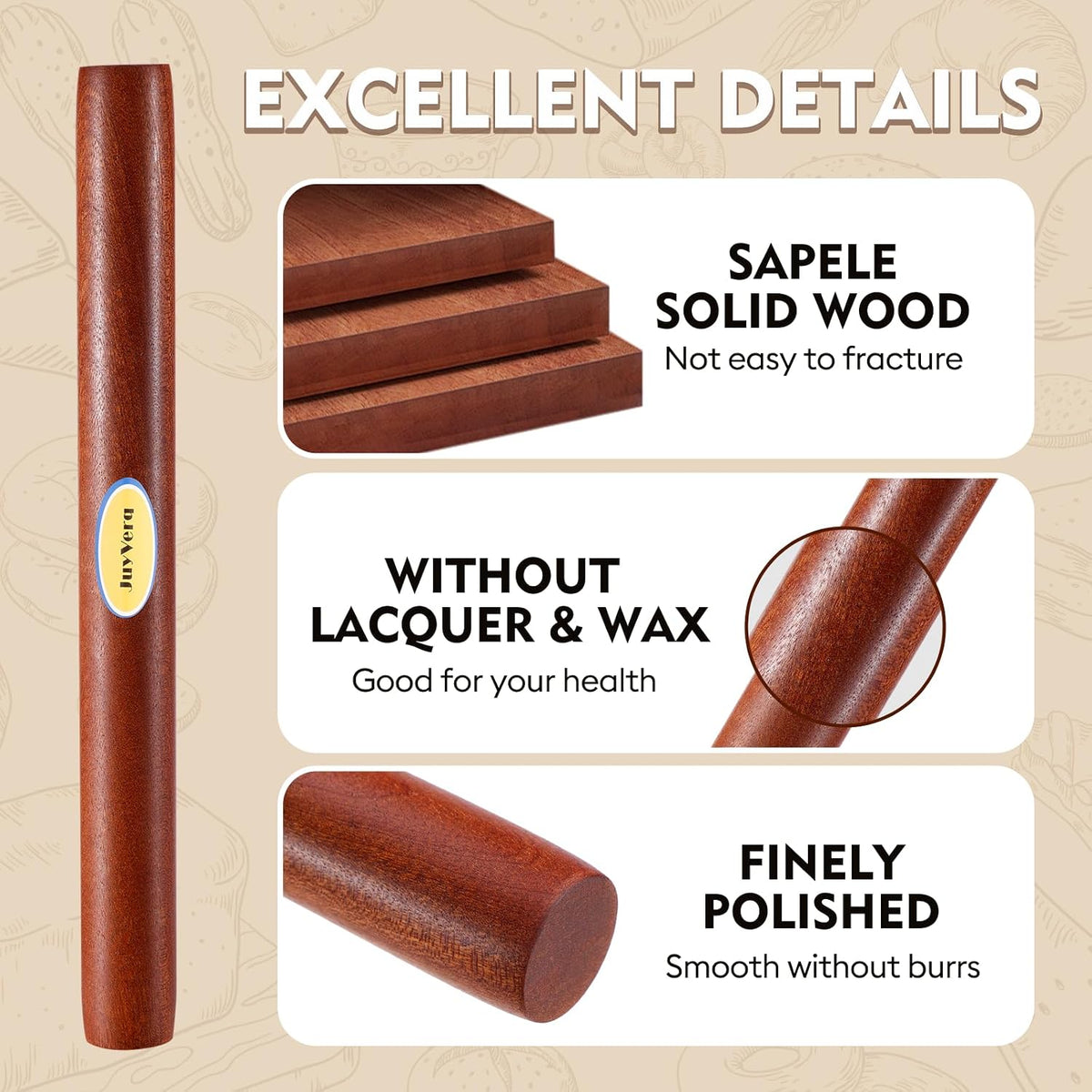 Wood Rolling Pin (15.75 Inches), Non-Stick Rolling Pin for Baking, Natural Sapele Wood Dough Roller for Pizza, Fondant, Pie, Cookie, Pastry, Essential Kitchen Tool