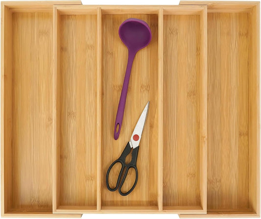 Bamboo Expandable Kitchen Drawer Organizer Silverware Utensil Tray | Cutlery Holder, Drawers Divider for Large Utensils, Flatware, Knives, Spatulas in Kitchen, Office, Adjustable 3-5 Slots