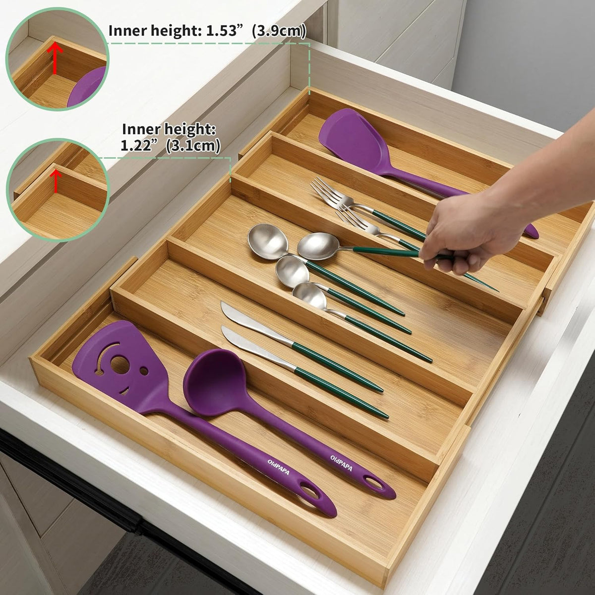 Bamboo Expandable Kitchen Drawer Organizer Silverware Utensil Tray | Cutlery Holder, Drawers Divider for Large Utensils, Flatware, Knives, Spatulas in Kitchen, Office, Adjustable 3-5 Slots