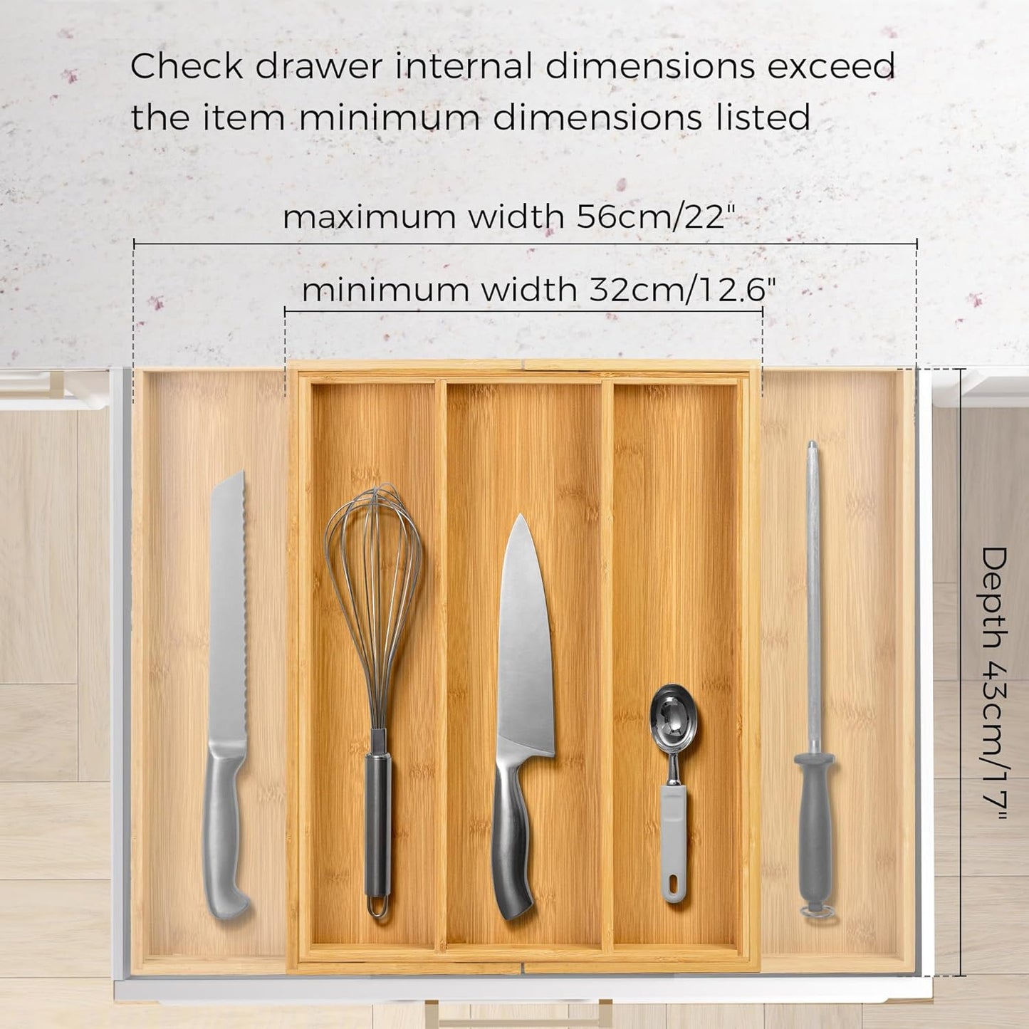 Bamboo Expandable Kitchen Drawer Organizer Silverware Utensil Tray | Cutlery Holder, Drawers Divider for Large Utensils, Flatware, Knives, Spatulas in Kitchen, Office, Adjustable 3-5 Slots