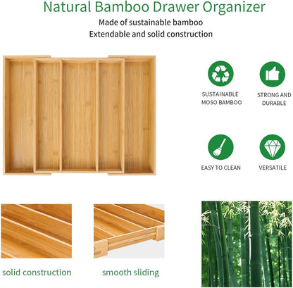 Bamboo Expandable Kitchen Drawer Organizer Silverware Utensil Tray | Cutlery Holder, Drawers Divider for Large Utensils, Flatware, Knives, Spatulas in Kitchen, Office, Adjustable 3-5 Slots
