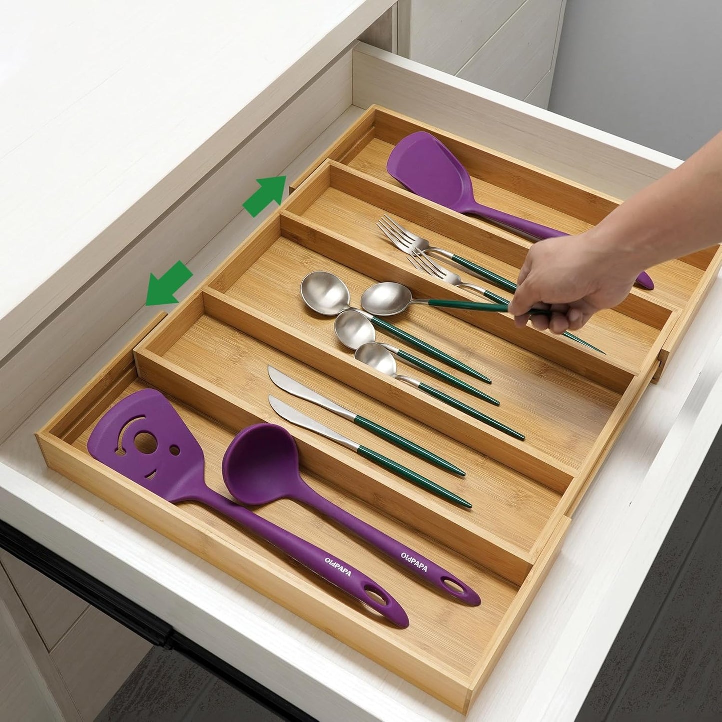 Bamboo Expandable Kitchen Drawer Organizer Silverware Utensil Tray | Cutlery Holder, Drawers Divider for Large Utensils, Flatware, Knives, Spatulas in Kitchen, Office, Adjustable 3-5 Slots