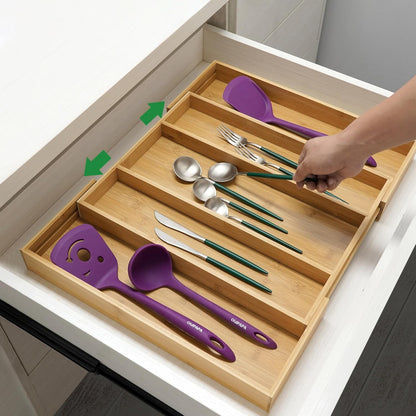 Bamboo Expandable Kitchen Drawer Organizer Silverware Utensil Tray | Cutlery Holder, Drawers Divider for Large Utensils, Flatware, Knives, Spatulas in Kitchen, Office, Adjustable 3-5 Slots