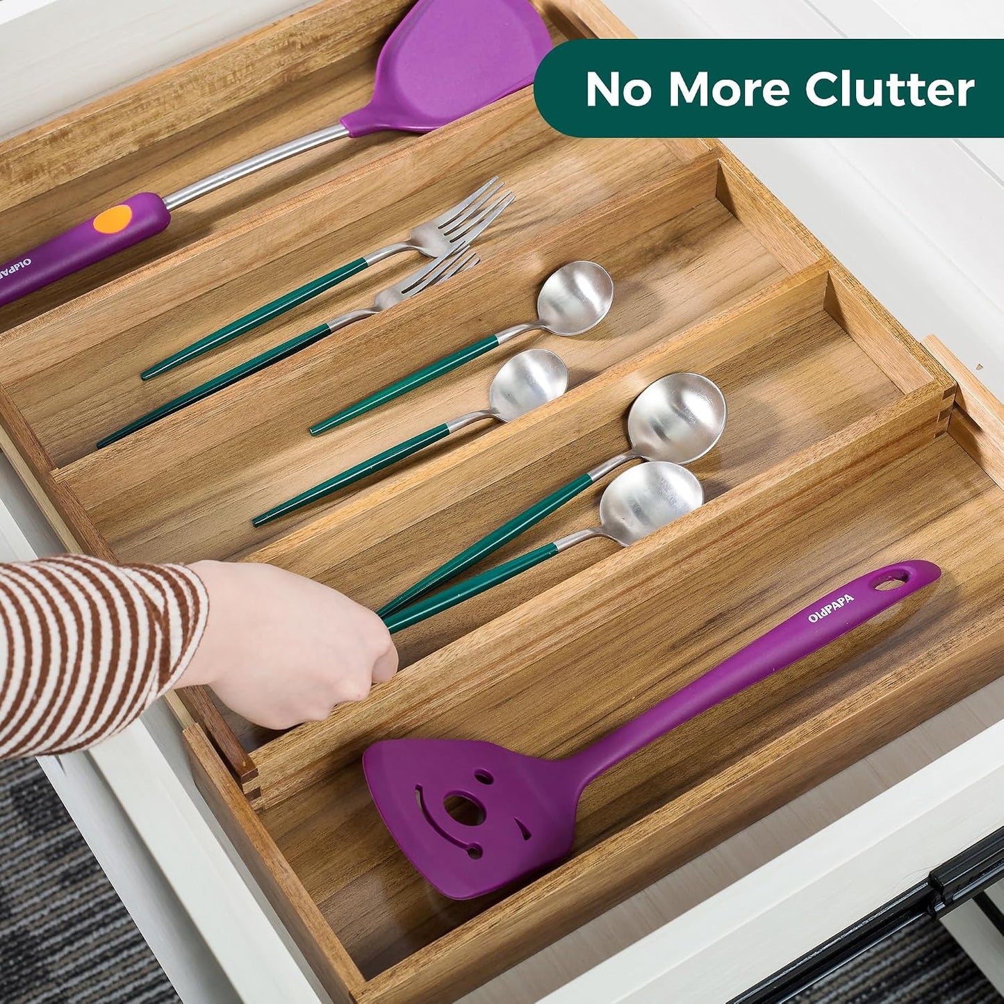 Bamboo Expandable Kitchen Drawer Organizer Silverware Utensil Tray | Cutlery Holder, Drawers Divider for Large Utensils, Flatware, Knives, Spatulas in Kitchen, Office, Adjustable 3-5 Slots