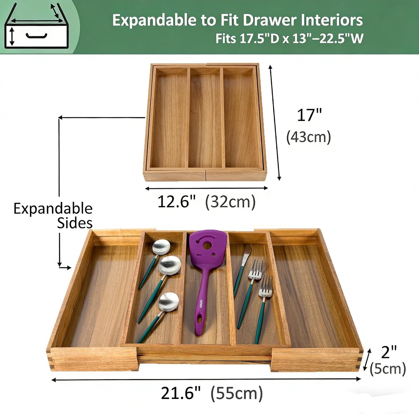 Bamboo Expandable Kitchen Drawer Organizer Silverware Utensil Tray | Cutlery Holder, Drawers Divider for Large Utensils, Flatware, Knives, Spatulas in Kitchen, Office, Adjustable 3-5 Slots