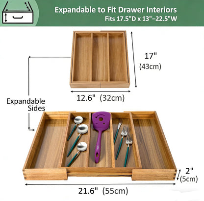 Bamboo Expandable Kitchen Drawer Organizer Silverware Utensil Tray | Cutlery Holder, Drawers Divider for Large Utensils, Flatware, Knives, Spatulas in Kitchen, Office, Adjustable 3-5 Slots