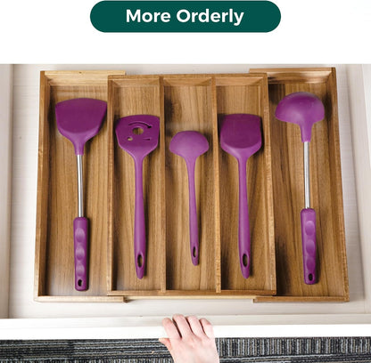 Bamboo Expandable Kitchen Drawer Organizer Silverware Utensil Tray | Cutlery Holder, Drawers Divider for Large Utensils, Flatware, Knives, Spatulas in Kitchen, Office, Adjustable 3-5 Slots