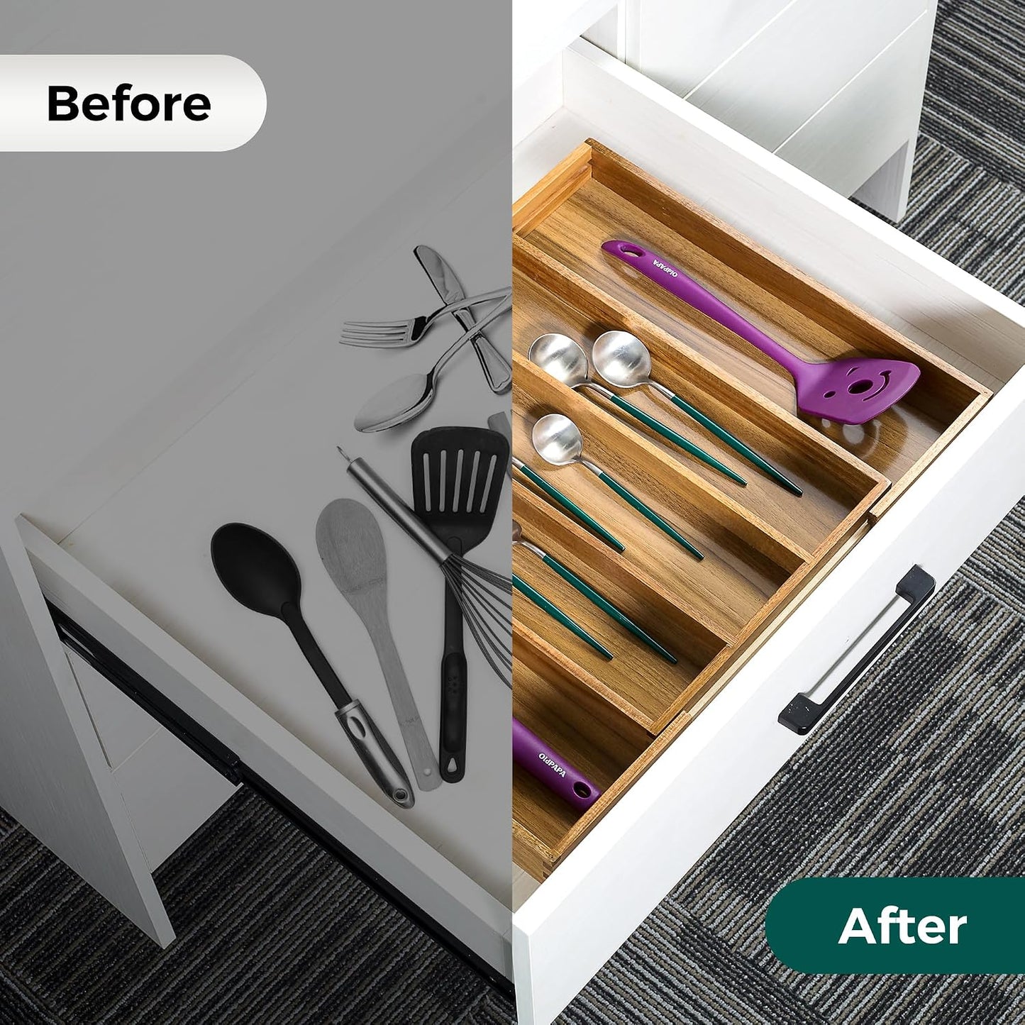 Bamboo Expandable Kitchen Drawer Organizer Silverware Utensil Tray | Cutlery Holder, Drawers Divider for Large Utensils, Flatware, Knives, Spatulas in Kitchen, Office, Adjustable 3-5 Slots