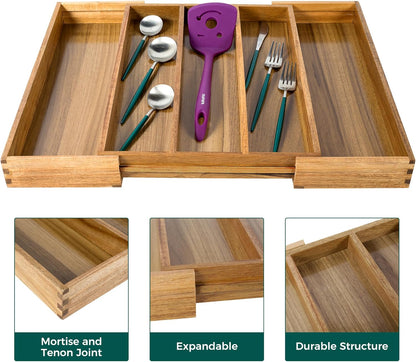 Bamboo Expandable Kitchen Drawer Organizer Silverware Utensil Tray | Cutlery Holder, Drawers Divider for Large Utensils, Flatware, Knives, Spatulas in Kitchen, Office, Adjustable 3-5 Slots