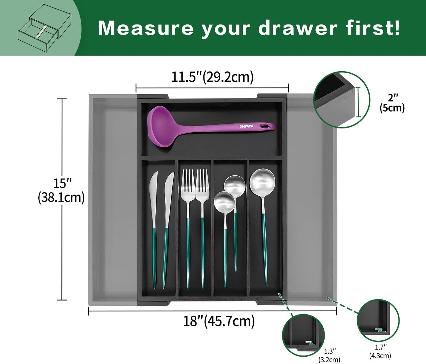 Bamboo Expandable Kitchen Drawer Organizer Silverware Utensil Tray | Cutlery Holder, Drawers Divider for Large Utensils, Flatware, Knives, Spatulas in Kitchen, Office, Adjustable 3-5 Slots