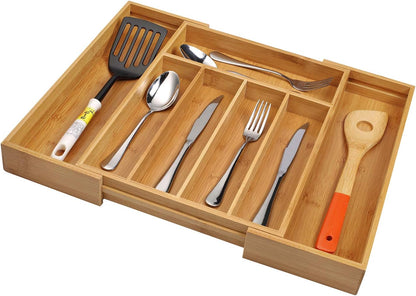 Bamboo Expandable Kitchen Drawer Organizer Silverware Utensil Tray | Cutlery Holder, Drawers Divider for Large Utensils, Flatware, Knives, Spatulas in Kitchen, Office, Adjustable 3-5 Slots