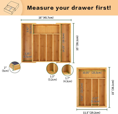 Bamboo Expandable Kitchen Drawer Organizer Silverware Utensil Tray | Cutlery Holder, Drawers Divider for Large Utensils, Flatware, Knives, Spatulas in Kitchen, Office, Adjustable 3-5 Slots