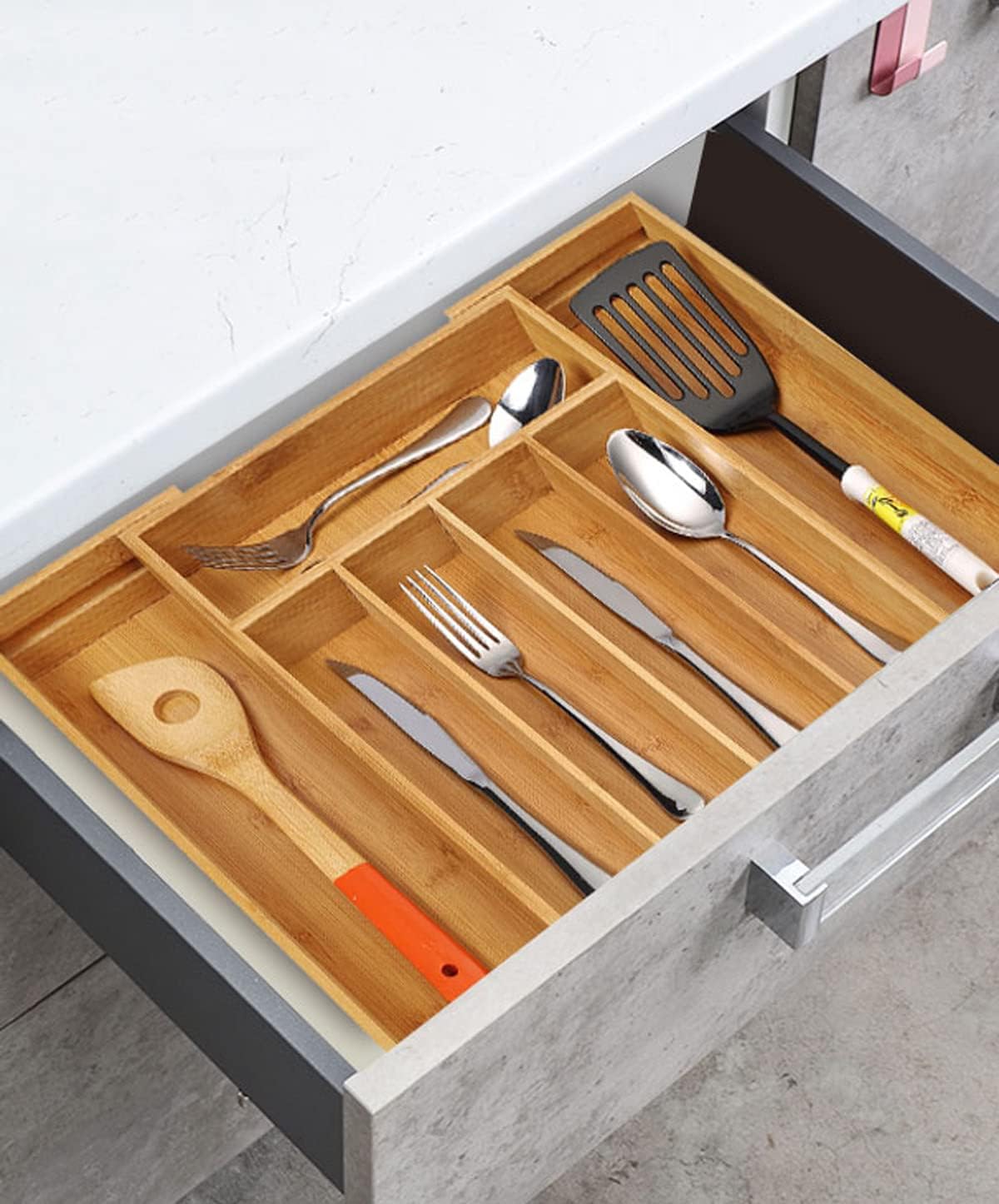 Bamboo Expandable Kitchen Drawer Organizer Silverware Utensil Tray | Cutlery Holder, Drawers Divider for Large Utensils, Flatware, Knives, Spatulas in Kitchen, Office, Adjustable 3-5 Slots