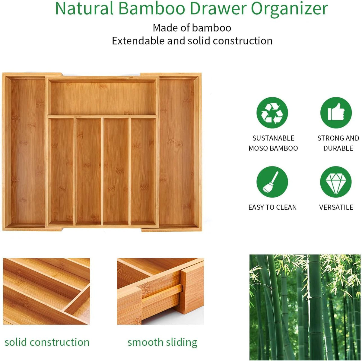 Bamboo Expandable Kitchen Drawer Organizer Silverware Utensil Tray | Cutlery Holder, Drawers Divider for Large Utensils, Flatware, Knives, Spatulas in Kitchen, Office, Adjustable 3-5 Slots