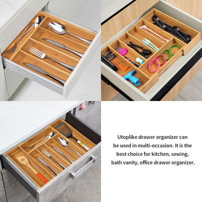 Bamboo Expandable Kitchen Drawer Organizer Silverware Utensil Tray | Cutlery Holder, Drawers Divider for Large Utensils, Flatware, Knives, Spatulas in Kitchen, Office, Adjustable 3-5 Slots