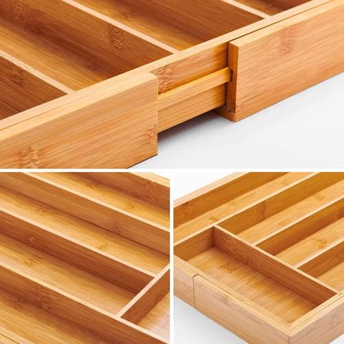 Bamboo Expandable Kitchen Drawer Organizer Silverware Utensil Tray | Cutlery Holder, Drawers Divider for Large Utensils, Flatware, Knives, Spatulas in Kitchen, Office, Adjustable 3-5 Slots