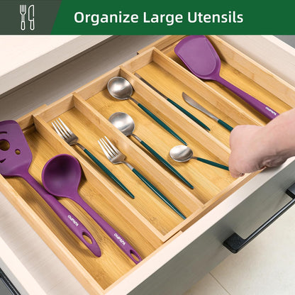Bamboo Expandable Kitchen Drawer Organizer Silverware Utensil Tray | Cutlery Holder, Drawers Divider for Large Utensils, Flatware, Knives, Spatulas in Kitchen, Office, Adjustable 3-5 Slots