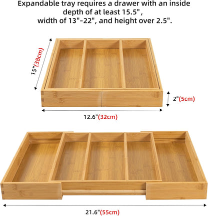 Bamboo Expandable Kitchen Drawer Organizer Silverware Utensil Tray | Cutlery Holder, Drawers Divider for Large Utensils, Flatware, Knives, Spatulas in Kitchen, Office, Adjustable 3-5 Slots