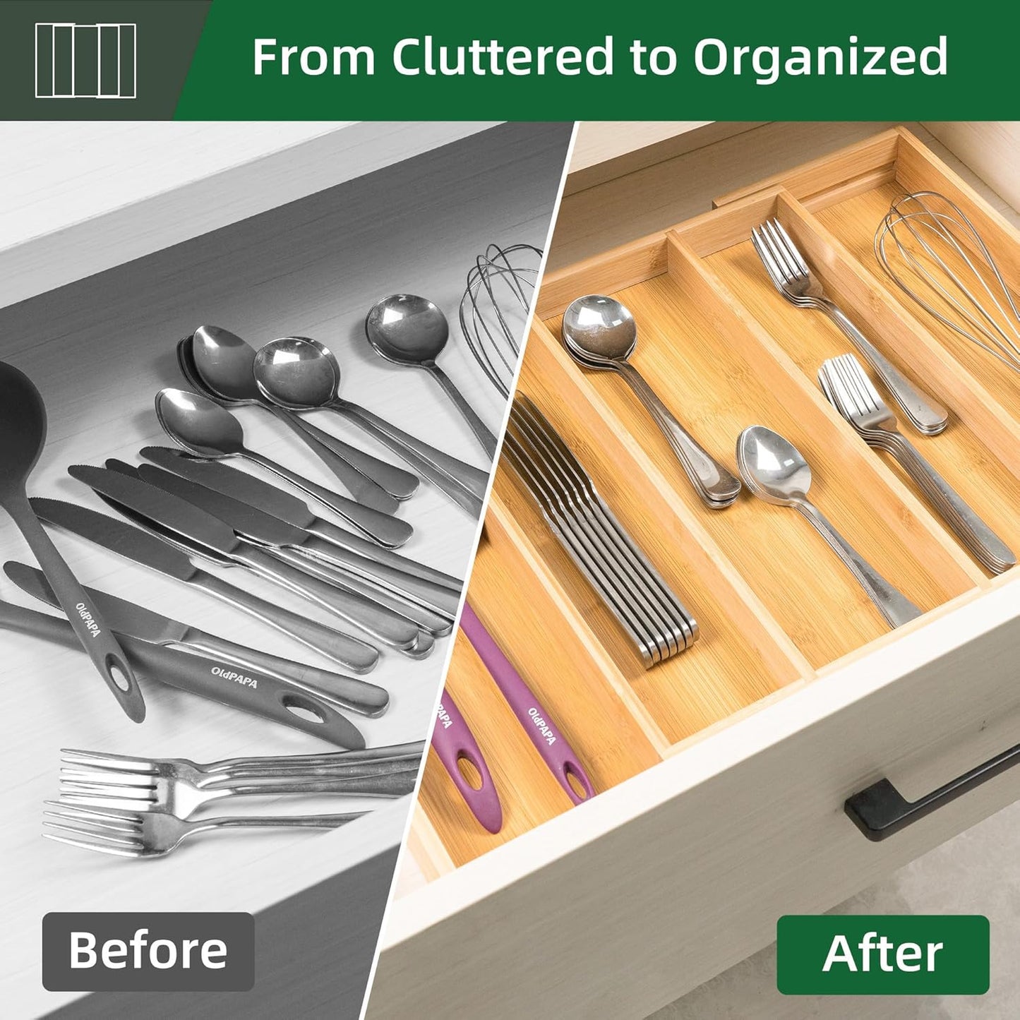 Bamboo Expandable Kitchen Drawer Organizer Silverware Utensil Tray | Cutlery Holder, Drawers Divider for Large Utensils, Flatware, Knives, Spatulas in Kitchen, Office, Adjustable 3-5 Slots