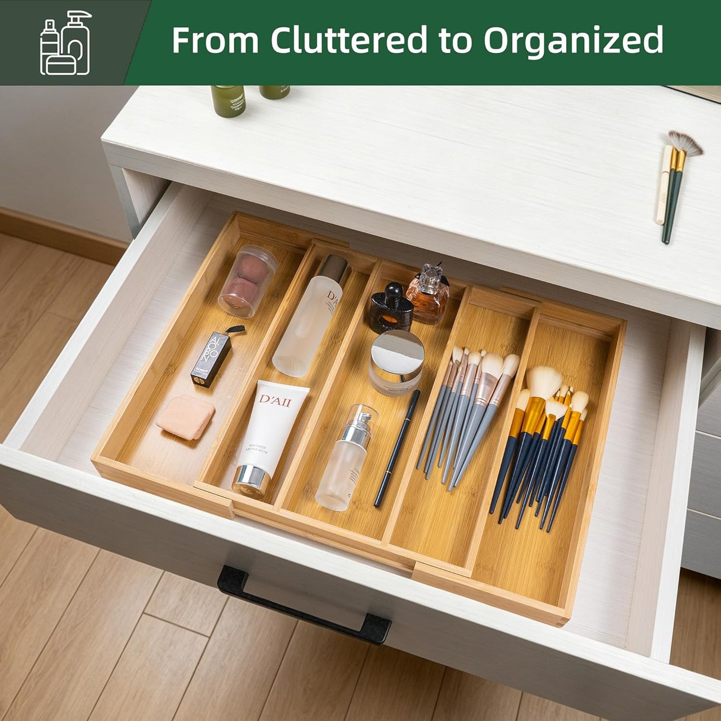 Bamboo Expandable Kitchen Drawer Organizer Silverware Utensil Tray | Cutlery Holder, Drawers Divider for Large Utensils, Flatware, Knives, Spatulas in Kitchen, Office, Adjustable 3-5 Slots