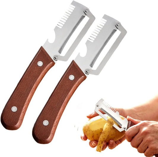 2Pcs Multifunctional Vegetable Peeler, 2-In-1 Zero Snag Wooden Peeler with Ultra-Sharp Stainless Steel Blade and Bottle Opener, Kitchen Tool for Fruits Vegetables Potato Apple Carrot Pumpkin (2pcs)