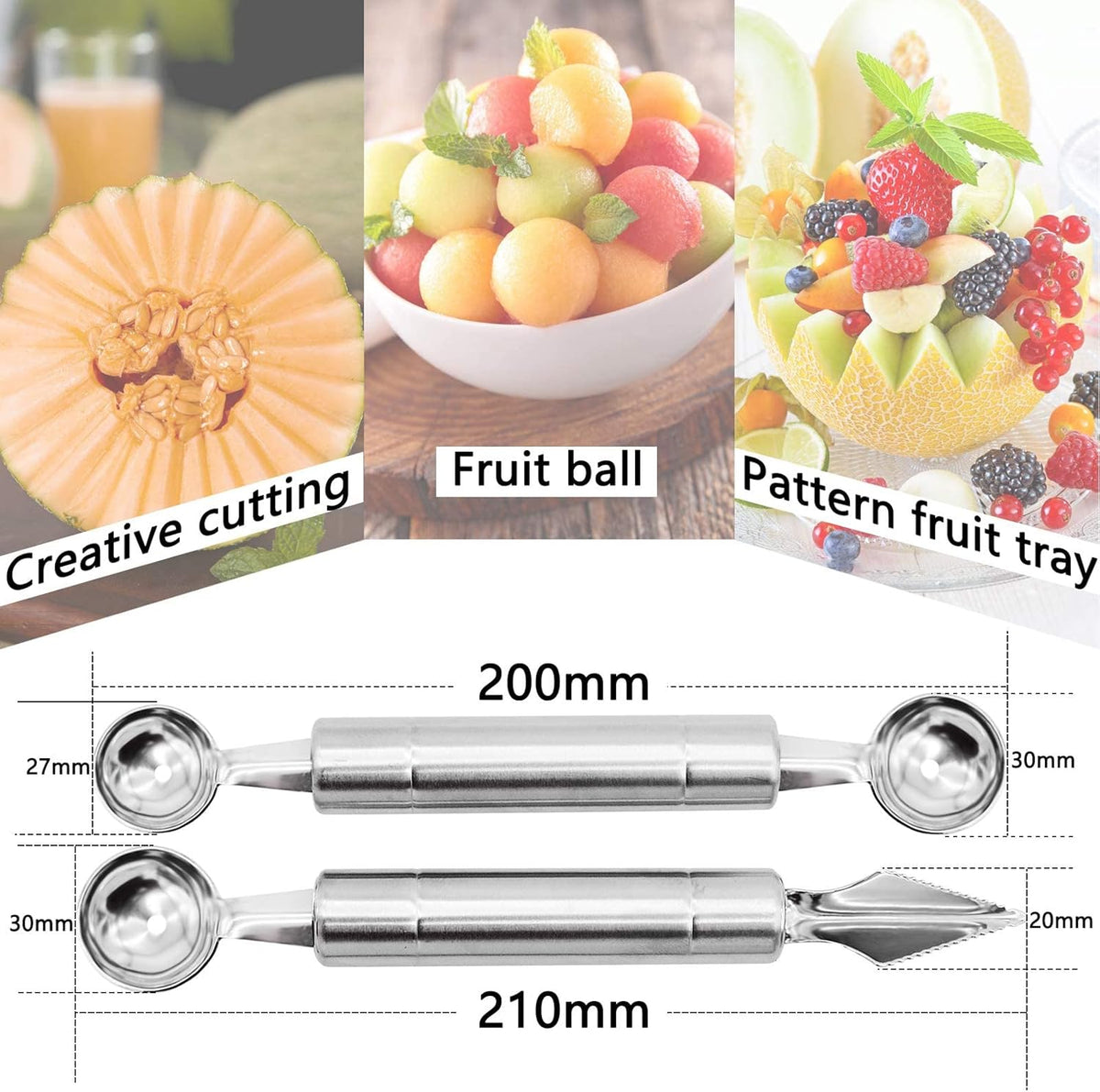 2PCS Melon Baller Scoop, Stainless Steel Double-Headed Fruit Baller Spoon and Fruit Carving Cuter, DIY Watermelon Cantaloupe Ice Cream Tool for Party Decoration