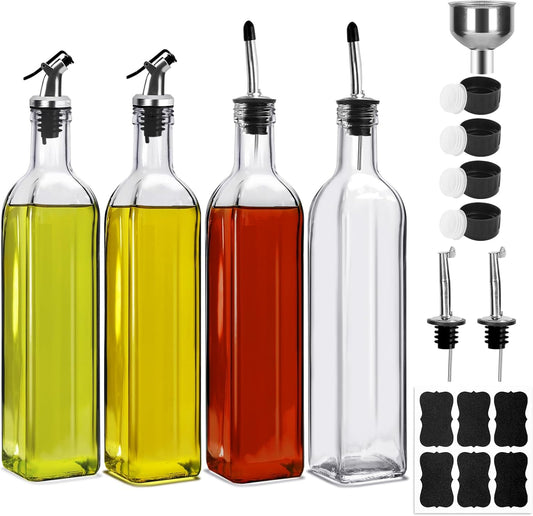 4 Pack 17oz Olive Oil Dispenser Bottles Clear Glass with Pourers | Thick Glass, Drip-Free Pourers, Controlled Dispensing, for Olive Oil Vinegar Syrup and Soy Sauce, Kitchen Cooking