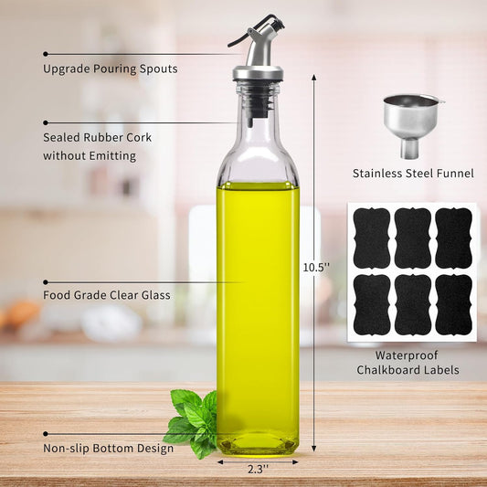 4 Pack 17oz Olive Oil Dispenser Bottles Clear Glass with Pourers | Thick Glass, Drip-Free Pourers, Controlled Dispensing, for Olive Oil Vinegar Syrup and Soy Sauce, Kitchen Cooking
