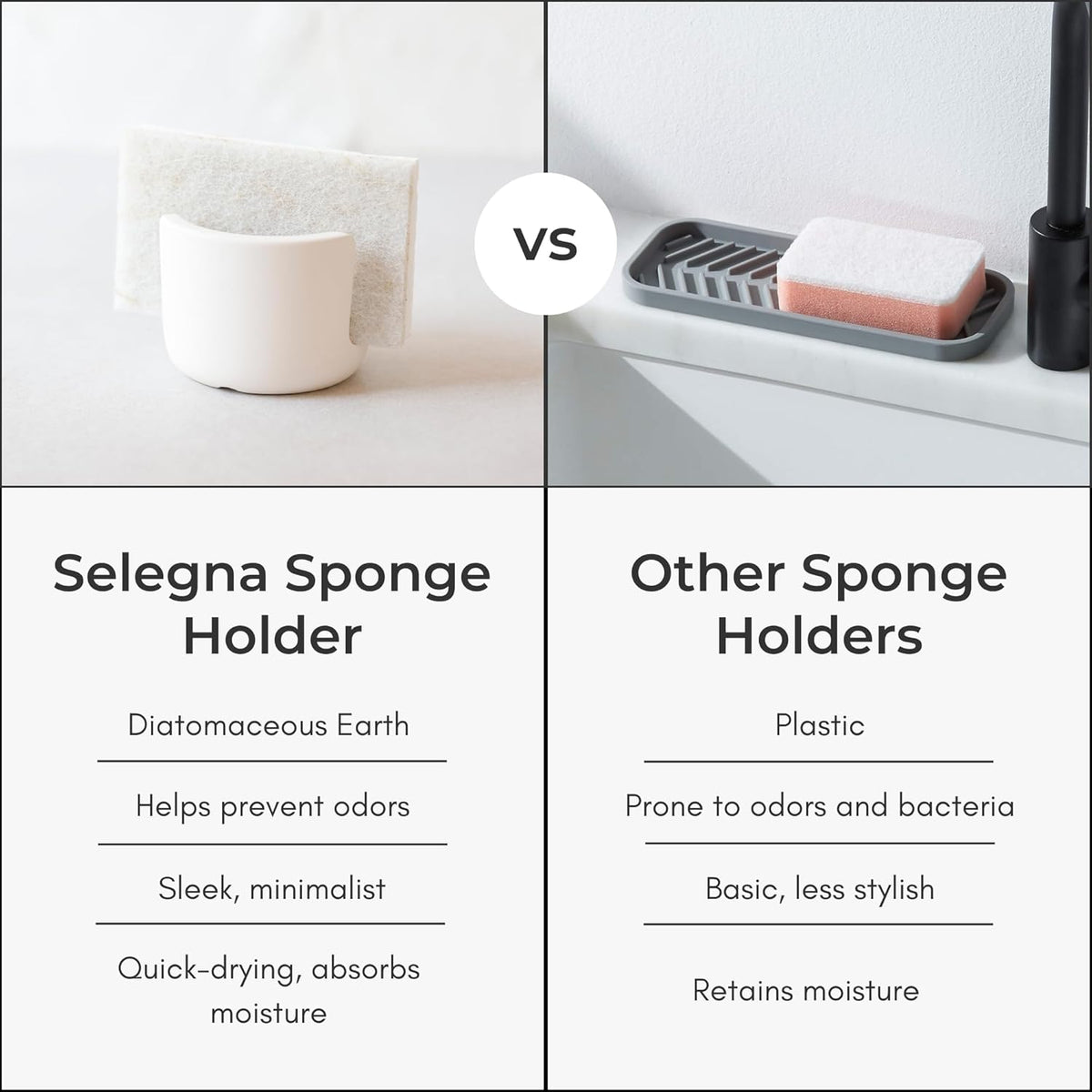 Diatomite Stoneware Sponge Holder & Sink Caddy, Drying Stone Kitchen Sink Organizer for Counter, Water-Absorbing Diatomaceous Earth Sponge Tray for Kitchen & Bathroom Countertop