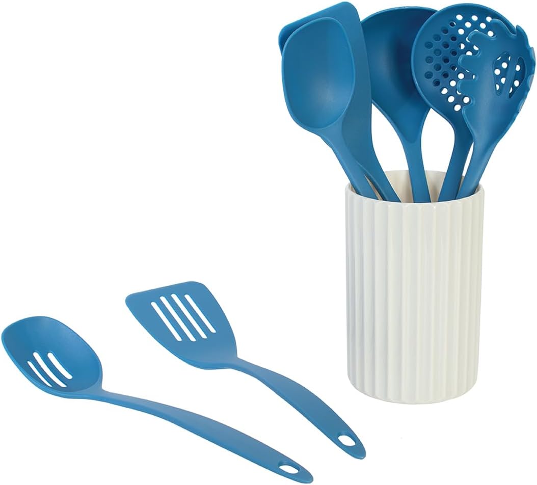 Glad Kitchen Utensils Set, 8pcs - Nonstick Cooking Tools with Utensil Holder - Nylon Spoon, Ladle, Skimmer, Spaghetti Server, and Turner Spatula Set - Dishwasher Safe, Teal Green