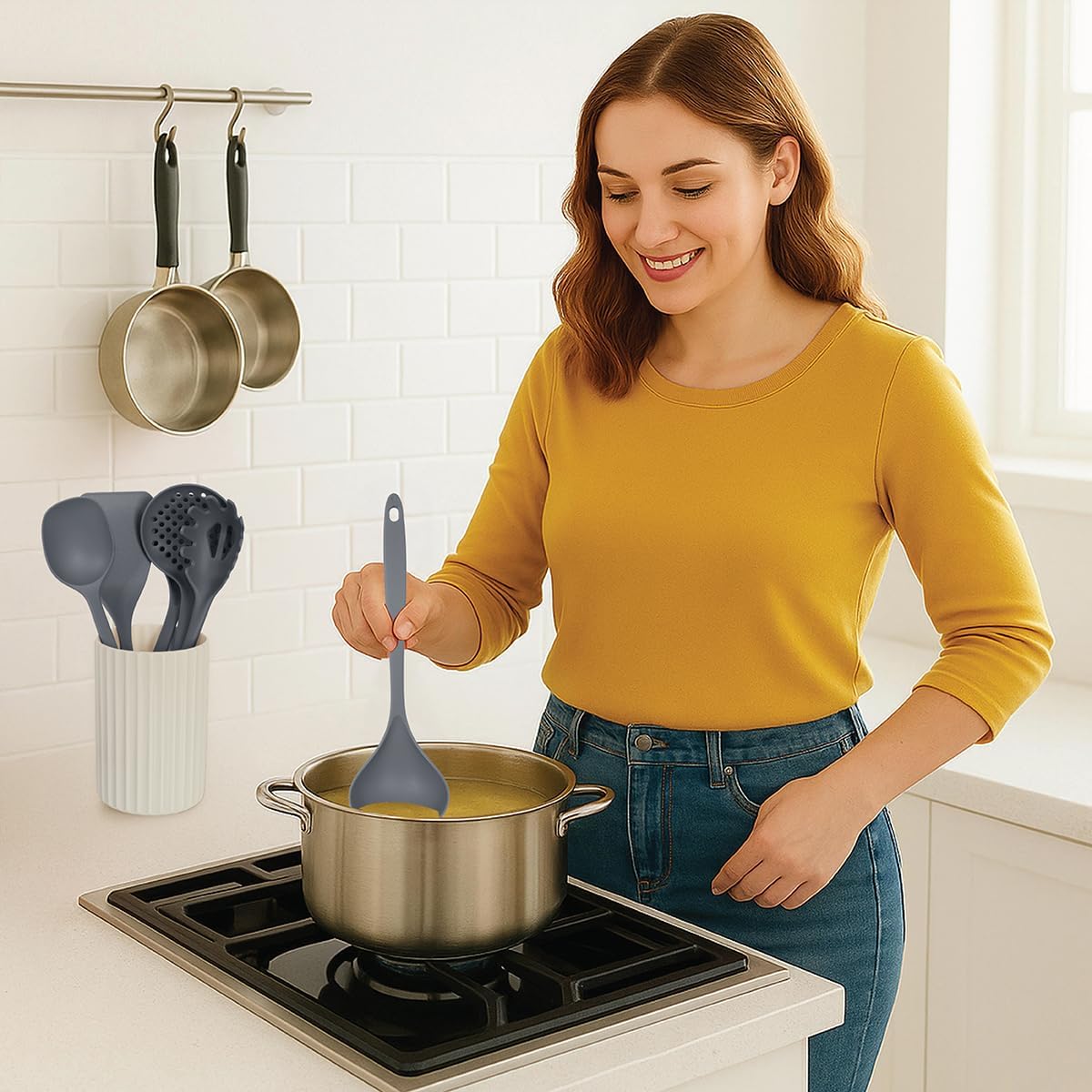 Glad Kitchen Utensils Set, 8pcs - Nonstick Cooking Tools with Utensil Holder - Nylon Spoon, Ladle, Skimmer, Spaghetti Server, and Turner Spatula Set - Dishwasher Safe, Teal Green
