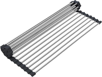 Roll up Dish Drying Rack, Over The Sink Rolling Dish Drainer Rack Multipurpose Foldable Kitchen Stainless Steel Dish Rack Sink Drying Rack for Kitchen Sink Counter (17"x 15.7")
