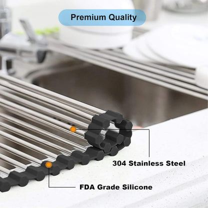 Roll up Dish Drying Rack, Over The Sink Rolling Dish Drainer Rack Multipurpose Foldable Kitchen Stainless Steel Dish Rack Sink Drying Rack for Kitchen Sink Counter (17"x 15.7")