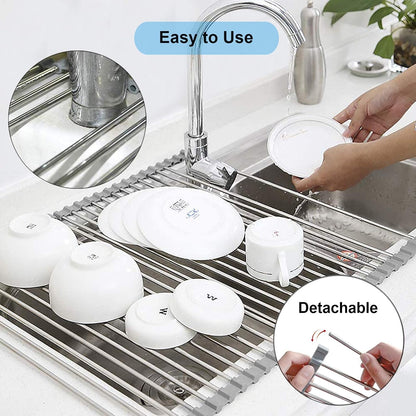 Roll up Dish Drying Rack, Over The Sink Rolling Dish Drainer Rack Multipurpose Foldable Kitchen Stainless Steel Dish Rack Sink Drying Rack for Kitchen Sink Counter (17"x 15.7")