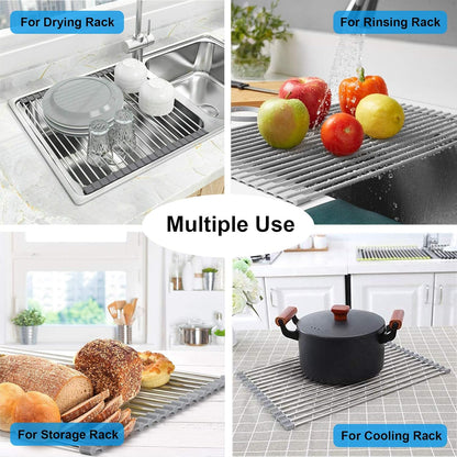Roll up Dish Drying Rack, Over The Sink Rolling Dish Drainer Rack Multipurpose Foldable Kitchen Stainless Steel Dish Rack Sink Drying Rack for Kitchen Sink Counter (17"x 15.7")