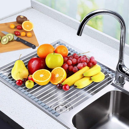 Roll up Dish Drying Rack, Over The Sink Rolling Dish Drainer Rack Multipurpose Foldable Kitchen Stainless Steel Dish Rack Sink Drying Rack for Kitchen Sink Counter (17"x 15.7")