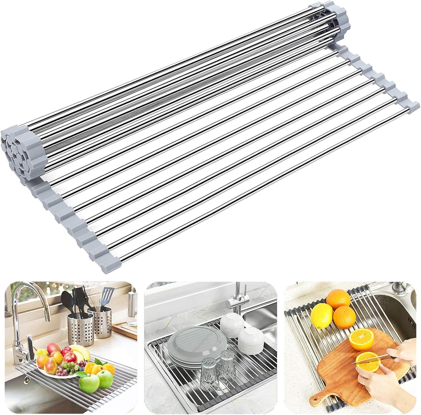 Roll up Dish Drying Rack, Over The Sink Rolling Dish Drainer Rack Multipurpose Foldable Kitchen Stainless Steel Dish Rack Sink Drying Rack for Kitchen Sink Counter (17"x 15.7")