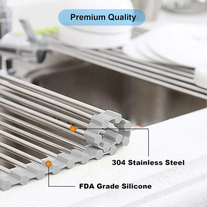 Roll up Dish Drying Rack, Over The Sink Rolling Dish Drainer Rack Multipurpose Foldable Kitchen Stainless Steel Dish Rack Sink Drying Rack for Kitchen Sink Counter (17"x 15.7")